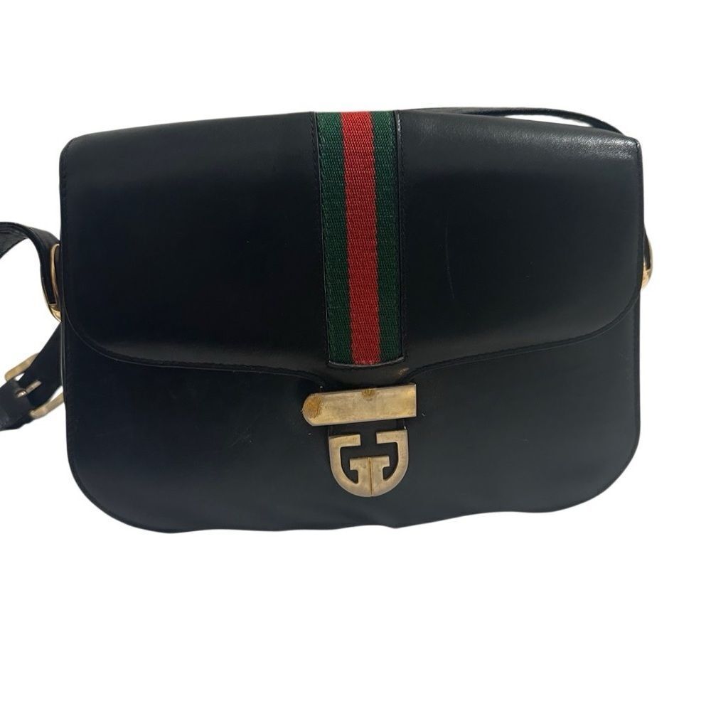 Gucci black leather web accent and gold GG lock shoulder - Picture 12 of 16